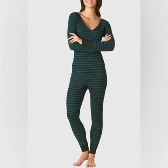 LA SENZA Green Stripe Fitted Stretch Thermal Ribbed PJ Set – XS - Picture 2 of 7